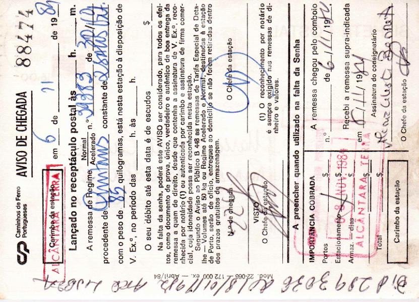 0477 v.jpg -     Lote:    477 (verso)            Correio Ferroviário       Descrição:         Carimbos ferroviários. 1983 &mdash; Instrumentos do Trabalho. OM202, 16$00. Repicado pelos Caminhos de Ferro Portugueses e circulado em Lisboa (06.11.84). Carimbo a vermelho de "ALCANTÂRA TERRA".        IC       Valor Base:     &euro; 8,00     Valor Venda:     Retirado     
